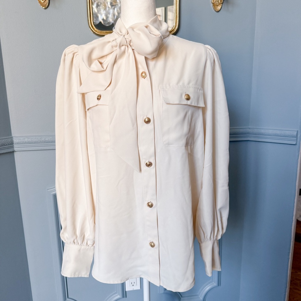 Express button down blouse with removable tie neck gold buttons